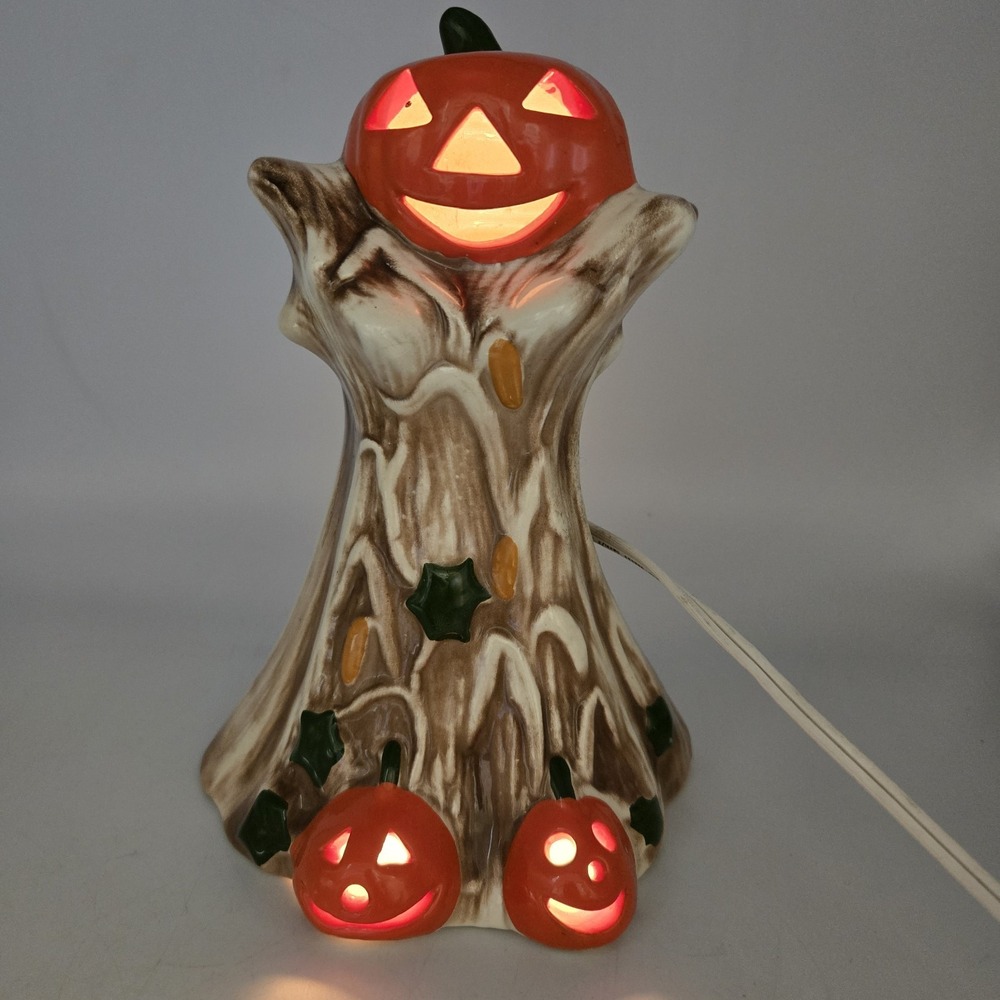 Vtg Halloween Light‎ Up Ceramic Spooky Pumpkin Tree Jack O Lantern Usa Made Rare